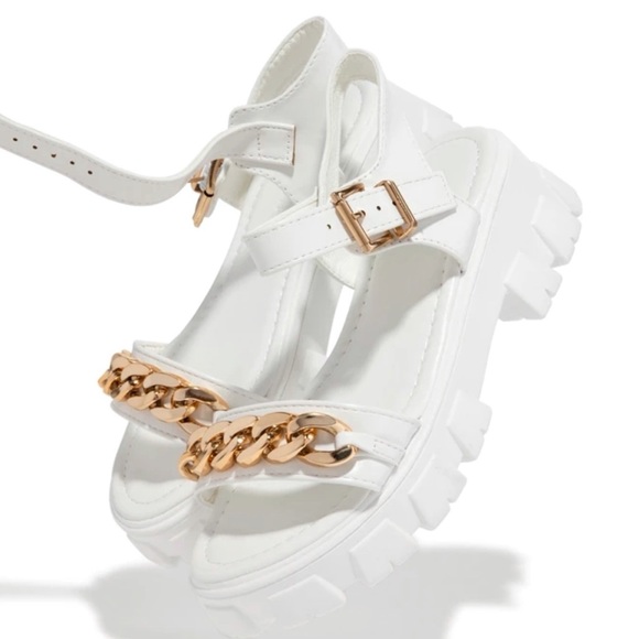 White Chunky Platform Gold Chain Band Sandals - Picture 2 of 7